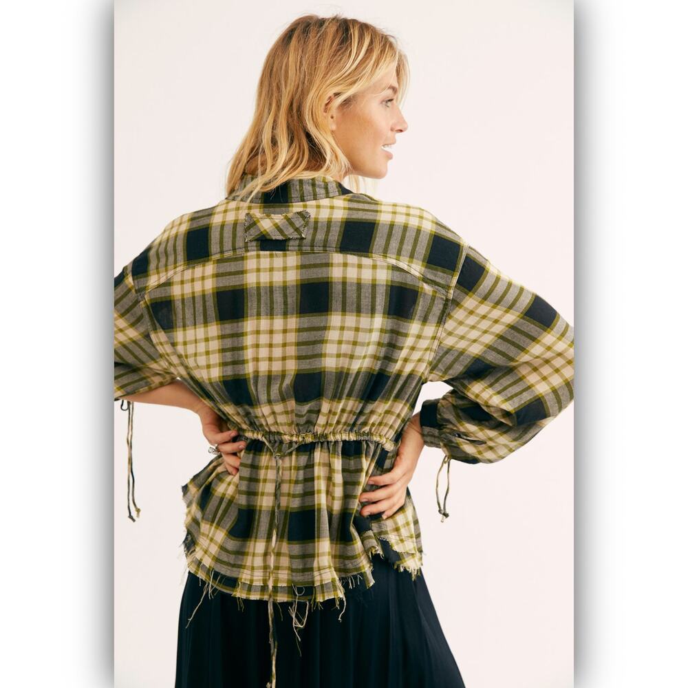 Free People Pacific Dawn Plaid Peplum Shirt Black Combo Size Medium NWT New - Picture 2 of 15